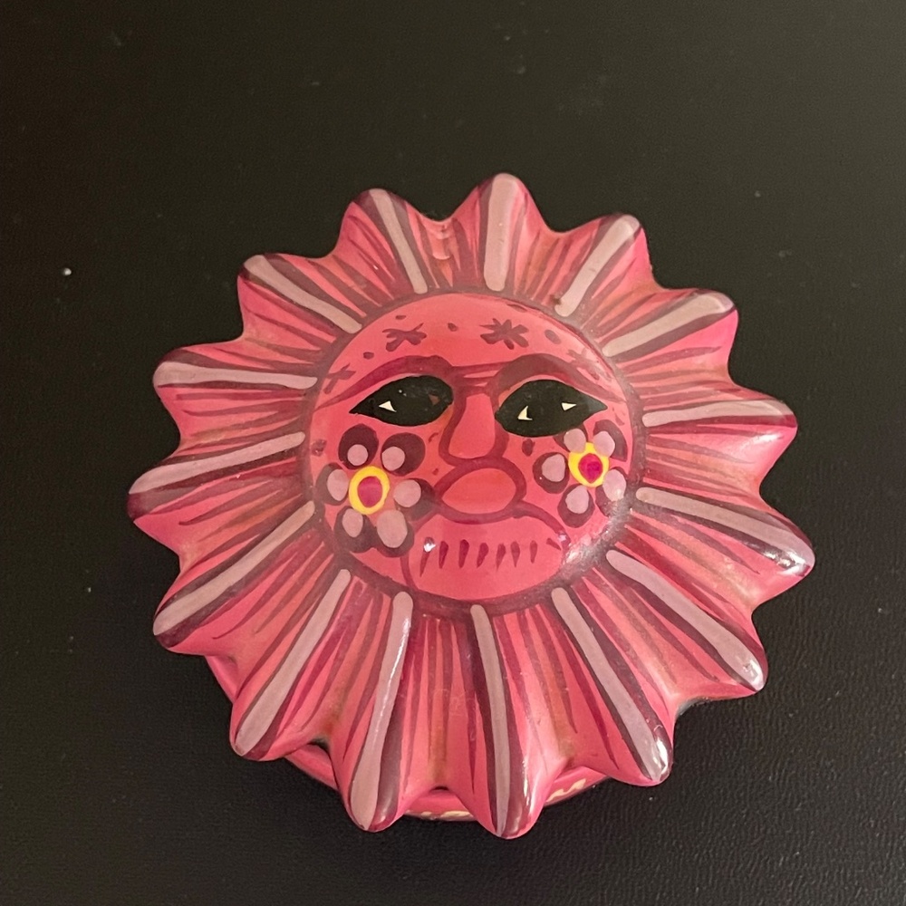 Celestial Sun Folk Art Terra Cotta Clay Pottery Round Trinket Box Boho Celestial